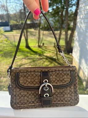 Coach Brown Signature Canvas Mini Wristlet with Buckle Detail